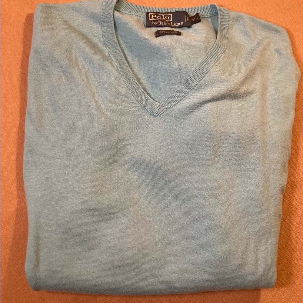 Polo by Ralph Lauren mens cotton cashmere V neck sweater long sleeve Aqua